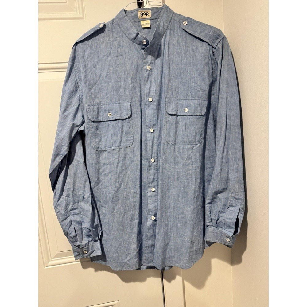 Vintage Gap Men's Chambray Denim Button Down Shirt L Mandarin Collar India Made